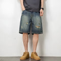 Men's blue denim shorts with loose hole retro styling and straight cut design
