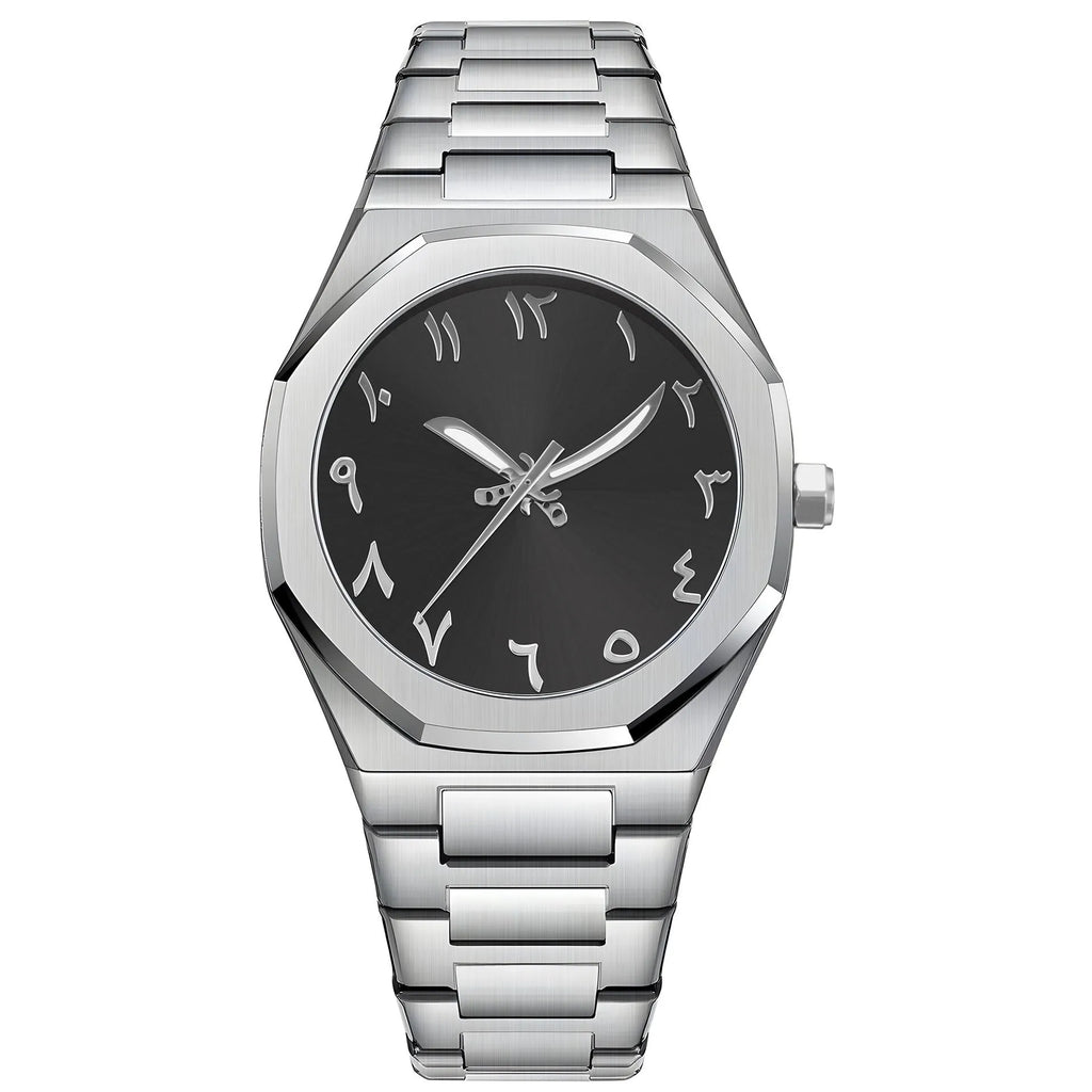 Men's business casual steel belt quartz watch showing 10mm thickness and professional dial design