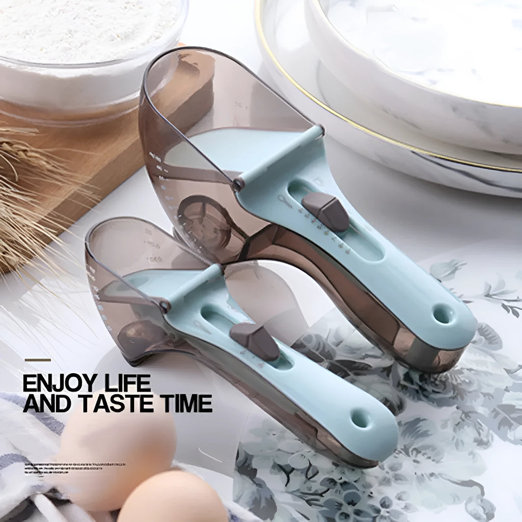 Orange and blue digital measuring spoons with magnetic snap showing nested storage on a fridge surface