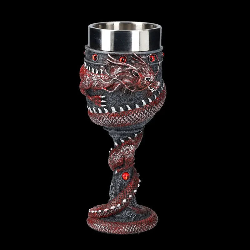 Red wine glass with 3D dragon design and stainless steel stem, 200ml capacity