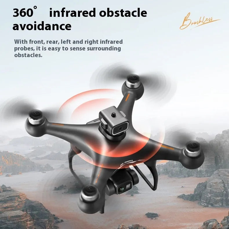 Black brushless motor drone with four obstacle avoidance sensors and dual HD cameras for aerial photography