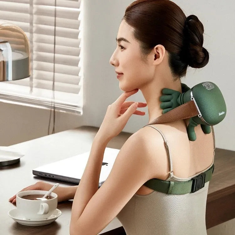 Moss green electric neck and shoulder massager with 4D kneading and heat, cordless design, 211x184x158mm