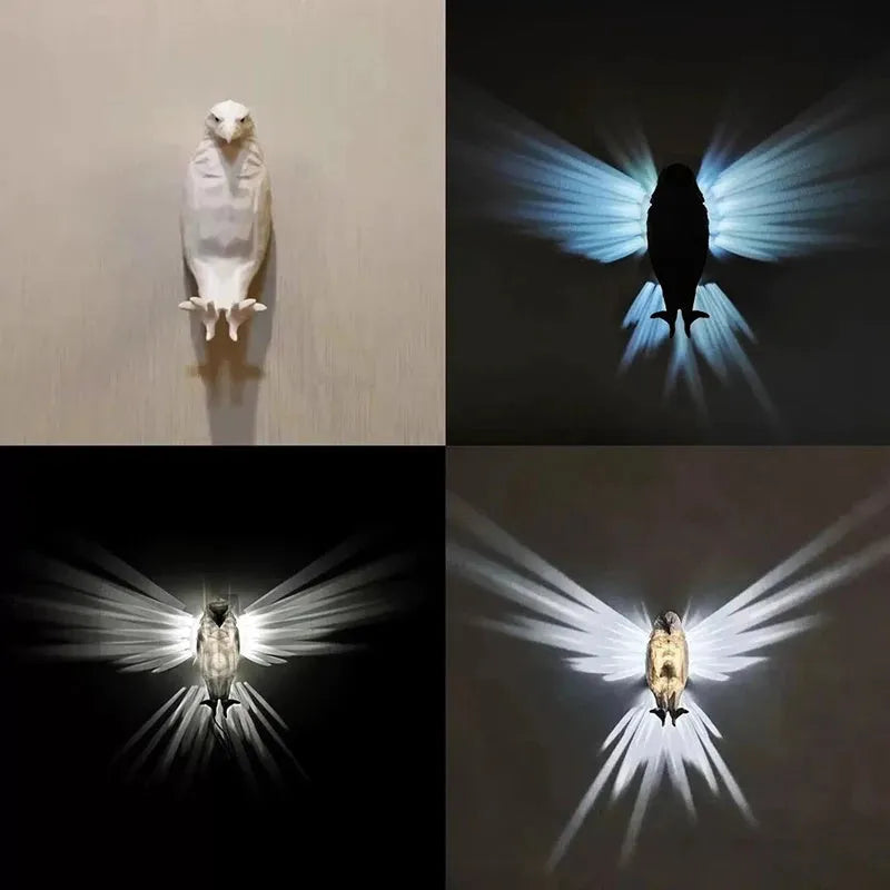 Eagle-shaped resin wall lamp with 3D print body projecting light and shadow on a wall
