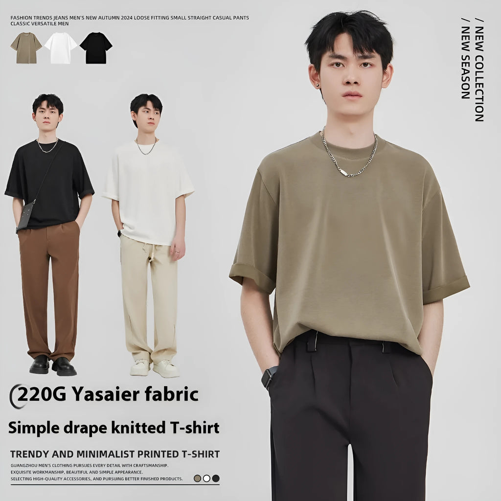 Men's loose casual drape knit T-shirt in solid colour, short sleeve, polyester blend, available in black brown white sizes S to 2XL