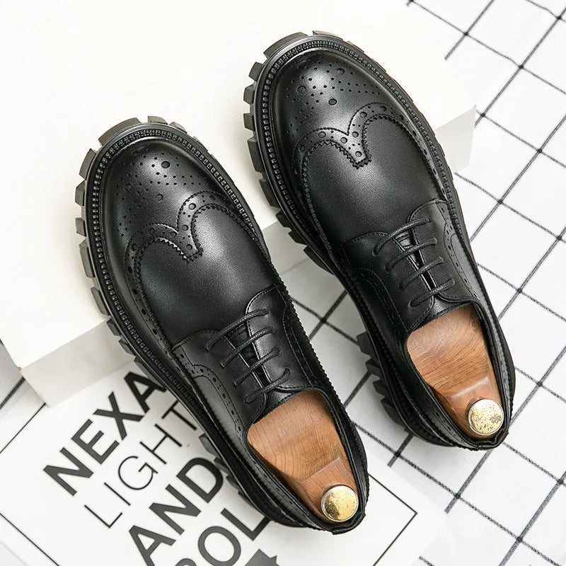 Men's classic black and brown brogue Oxford shoes with round toe and perforated detailing for formal business wear.
