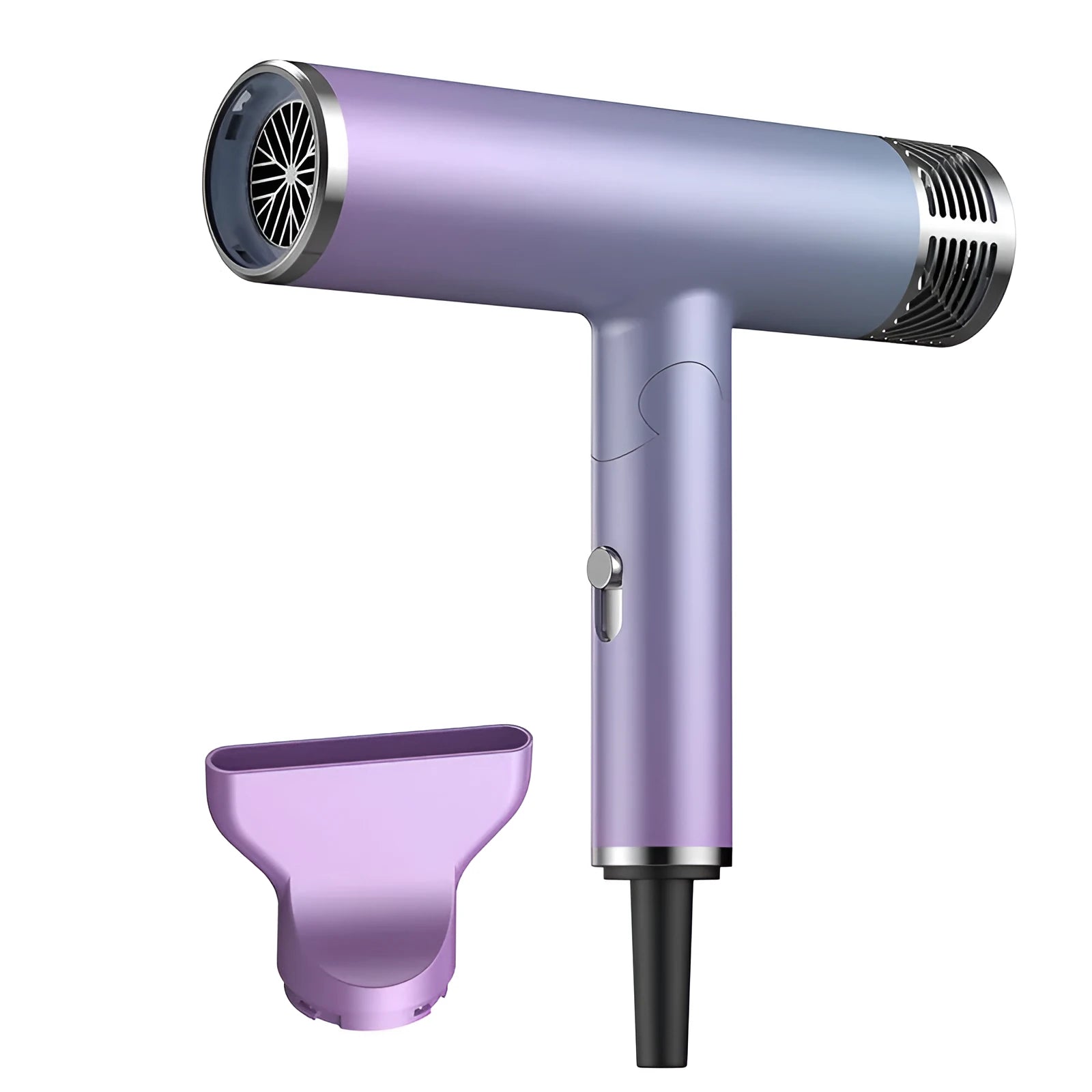 Foldable hair dryer in green and purple with compact folded design for portable travel and home use