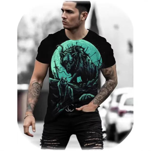 Retro 3D animal print men's short-sleeved t-shirt in polyester bird eye cloth, showing digital print detail