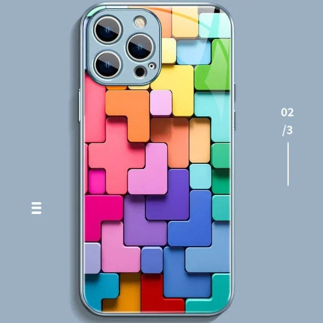 Silicone iPhone case with colourful geometric building block cartoon design on the back.