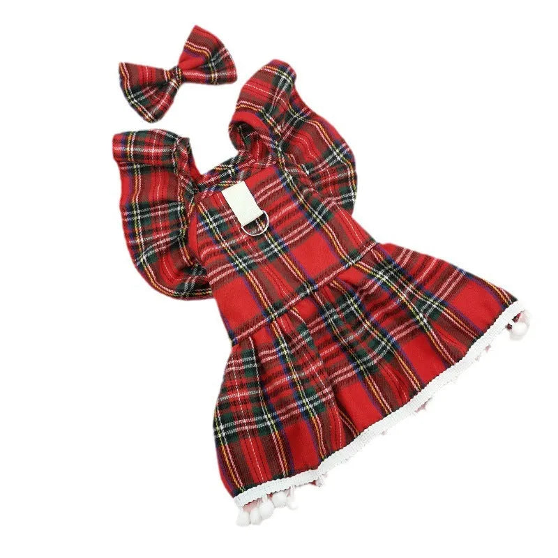 Red Christmas tartan skirt on a cat with matching bow tie and head flower, available in sizes XS to XL