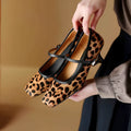 Women's black square toe stiletto ankle-strap heels with horse hair upper