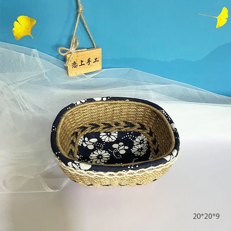 Blue hand-woven plastic square storage basket for coffee table small item organisation