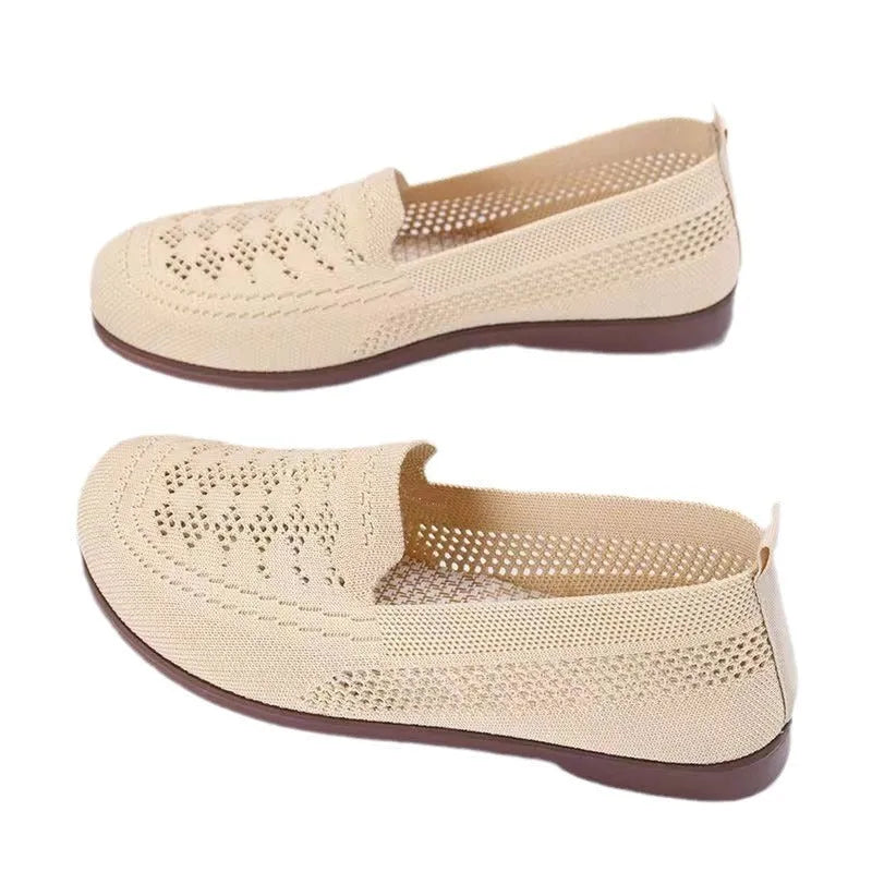 Beige antiskid walking shoes for women with breathable mesh upper and PVC sole