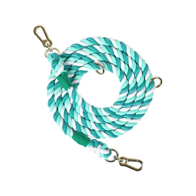 Woven rainbow double-head running dog leash in polyester cotton with gold accessories
