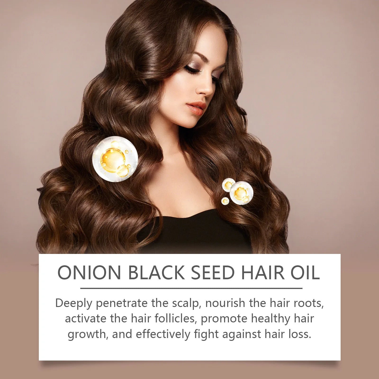 100ml bottle of hair care essential oil with included accessories on a white background