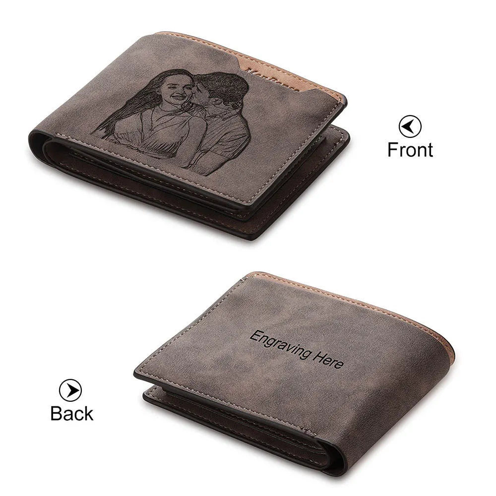 Coffee brown engraved horizontal short PU leather wallet showing front view with personalisation space.