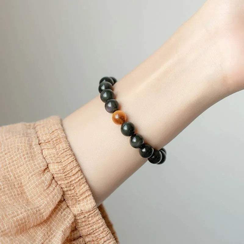 Black natural obsidian stone bracelet geometric beads unisex Korean style