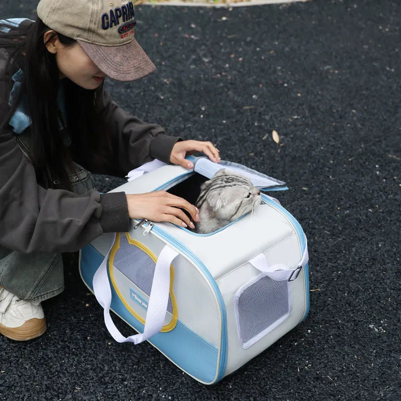 Foldable cat backpack in Oxford cloth with 15 jin capacity, shown in blue colour option