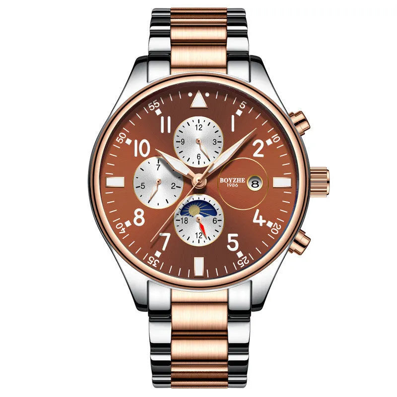Automatic mechanical watch with 40mm metal case and steel belt in rose gold blue finish
