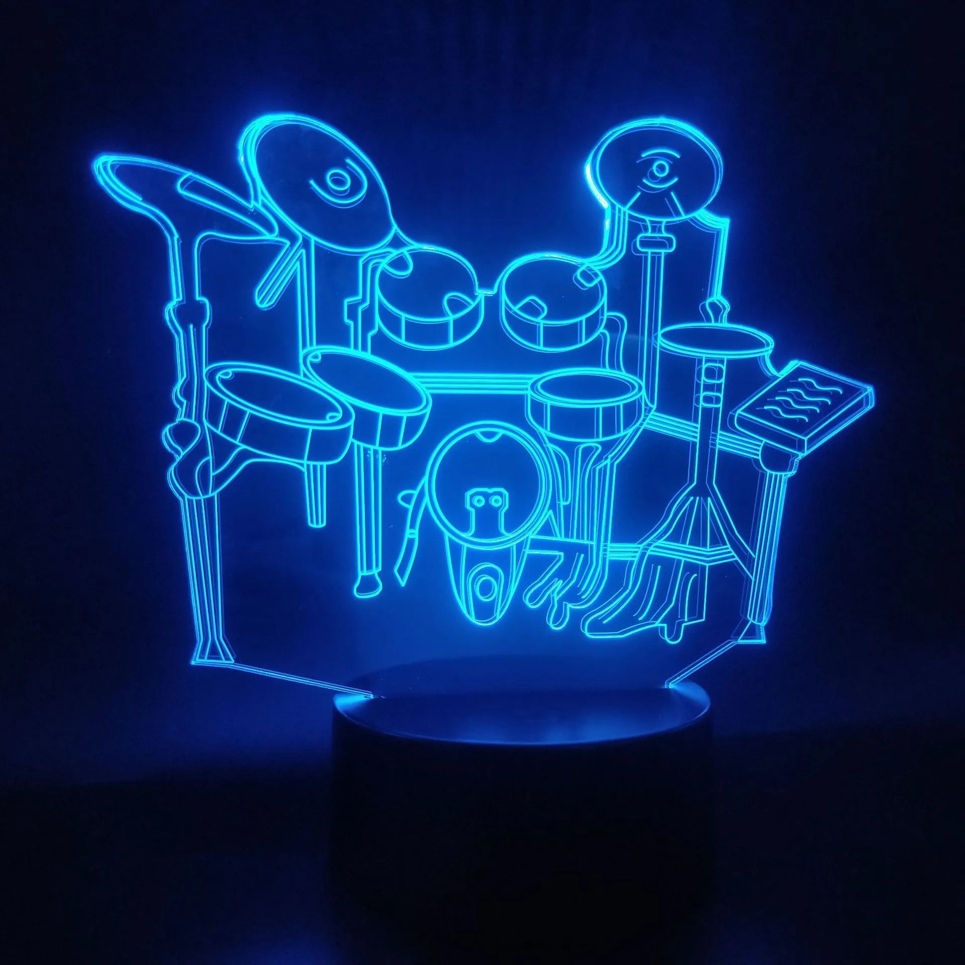3D drum kit night light in seven colours with acrylic silhouette and ABS base, touch and remote controlled