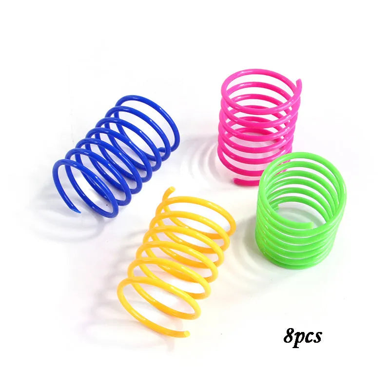Plastic cat spring toy coil spiral in assorted colours, 5.5cm length, 4 or 8 pack, heavy gauge