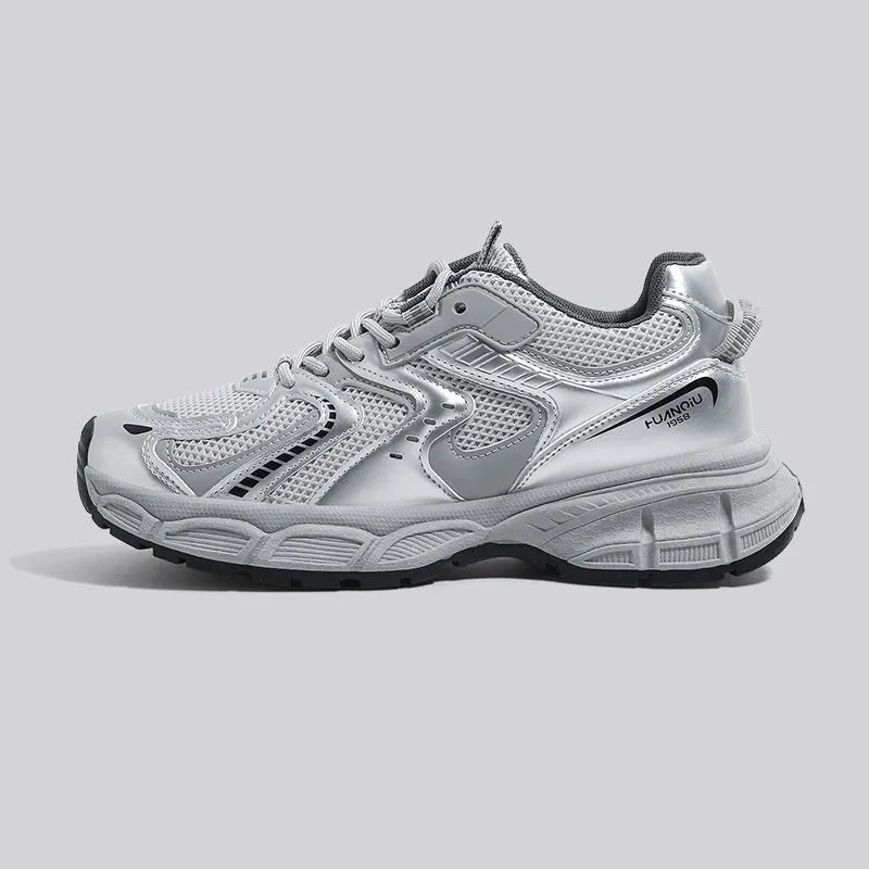 Spring platform casual sneaker in gray velvet with PU mesh upper, leather stitching, flat heel, and front lace-up closure