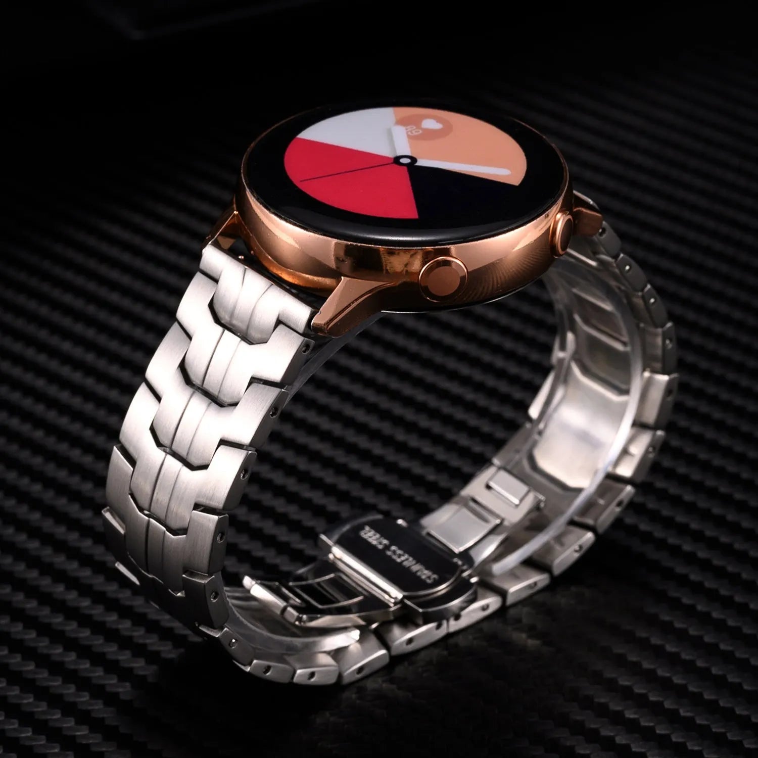 Stainless steel replacement watch band for Samsung Galaxy Watch in silver, shown next to 20mm and 22mm size options.