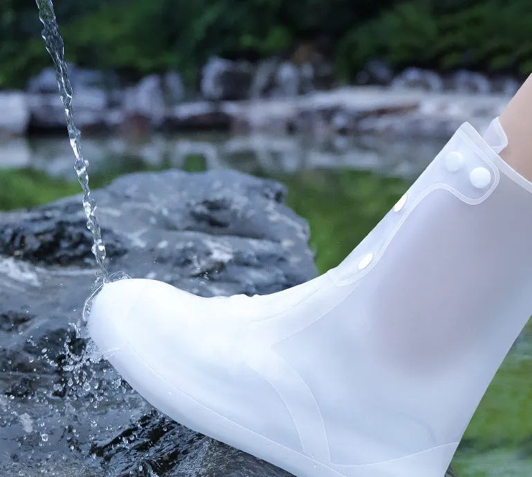 Women's white high-top PVC reusable waterproof shoe cover with anti-skid sole