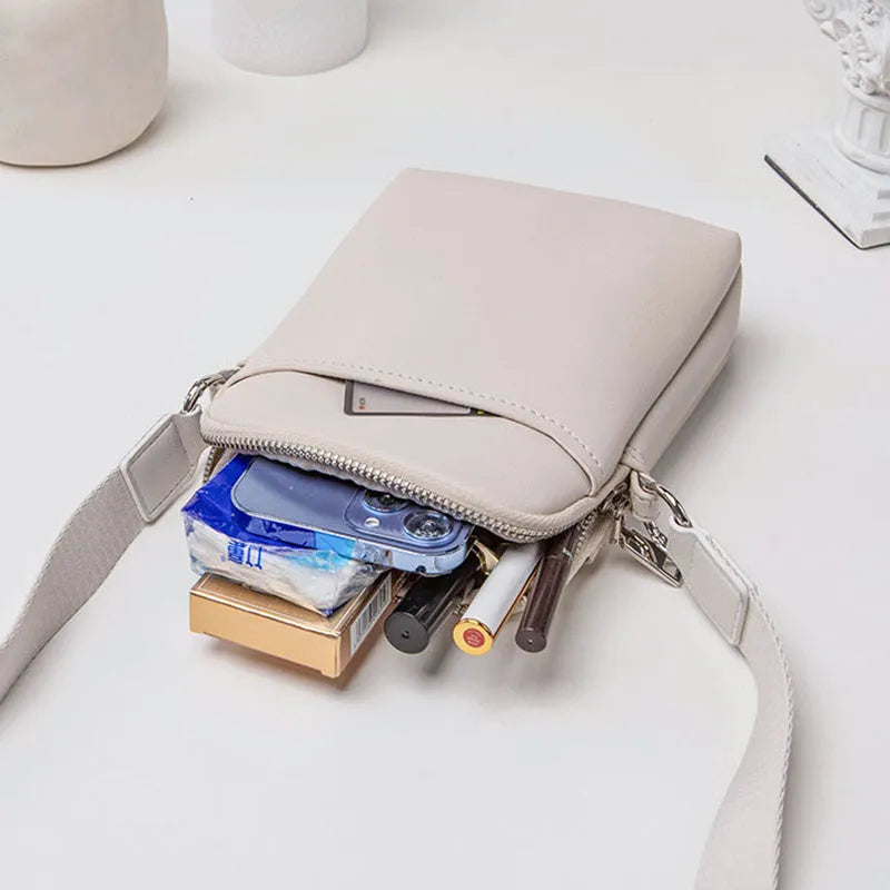 Solid colour mobile phone crossbody shoulder bag showing black, beige, khaki and green options