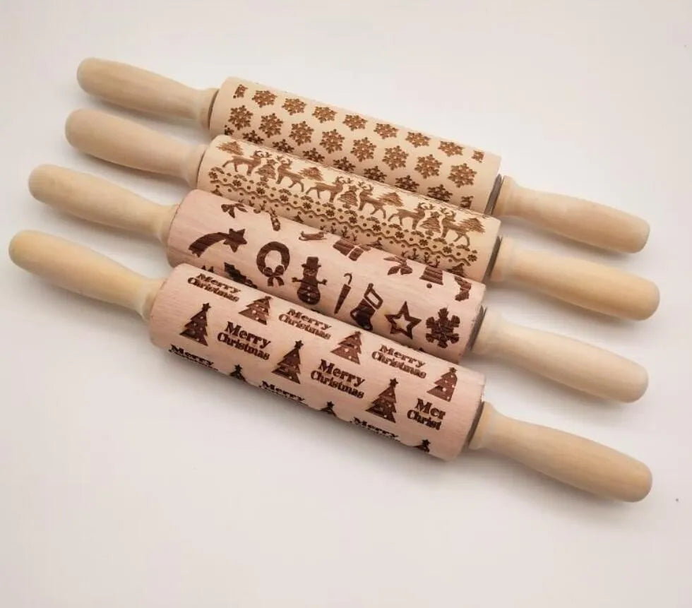 Natural wooden rolling pin with Christmas embossing patterns, 45 cm length, on a light background