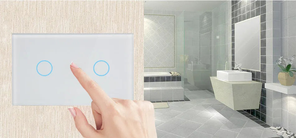 2-gang touch light switch with tempered glass panel and RF remote control in black, white, or gold