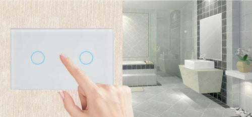 2-gang touch light switch with tempered glass panel and RF remote control in black, white, or gold