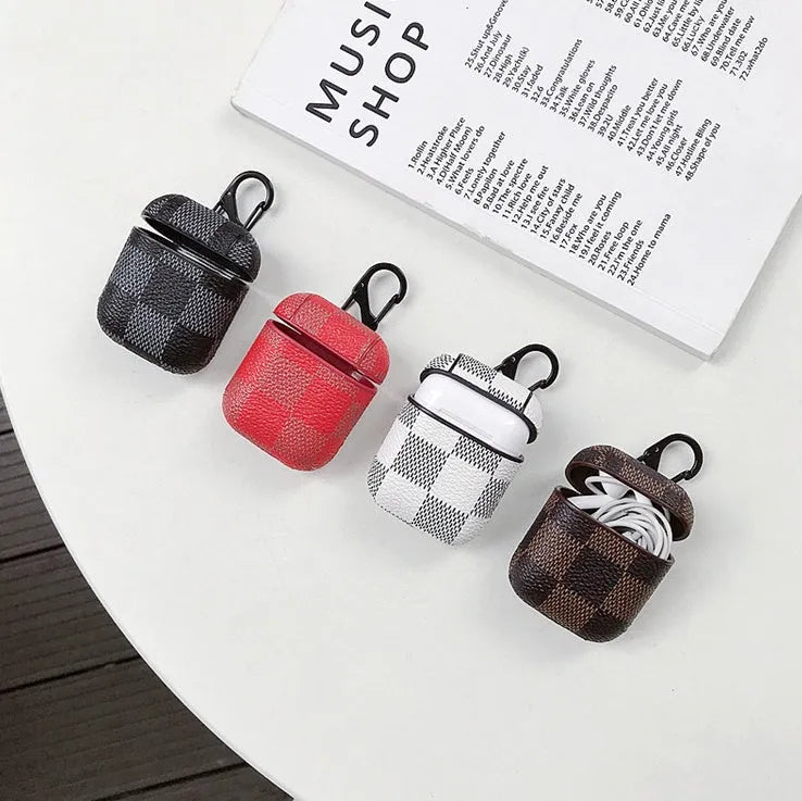 Leather look hard shell phone case for iPhone XS MAX with a hook for AirPods 2 case, shown in a grid pattern.