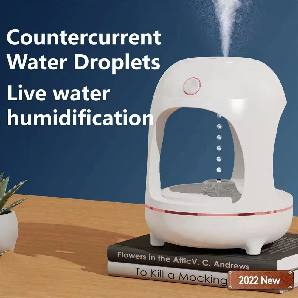 Anti gravity levitating water drops humidifier with LED night light, rose gold white, on desk