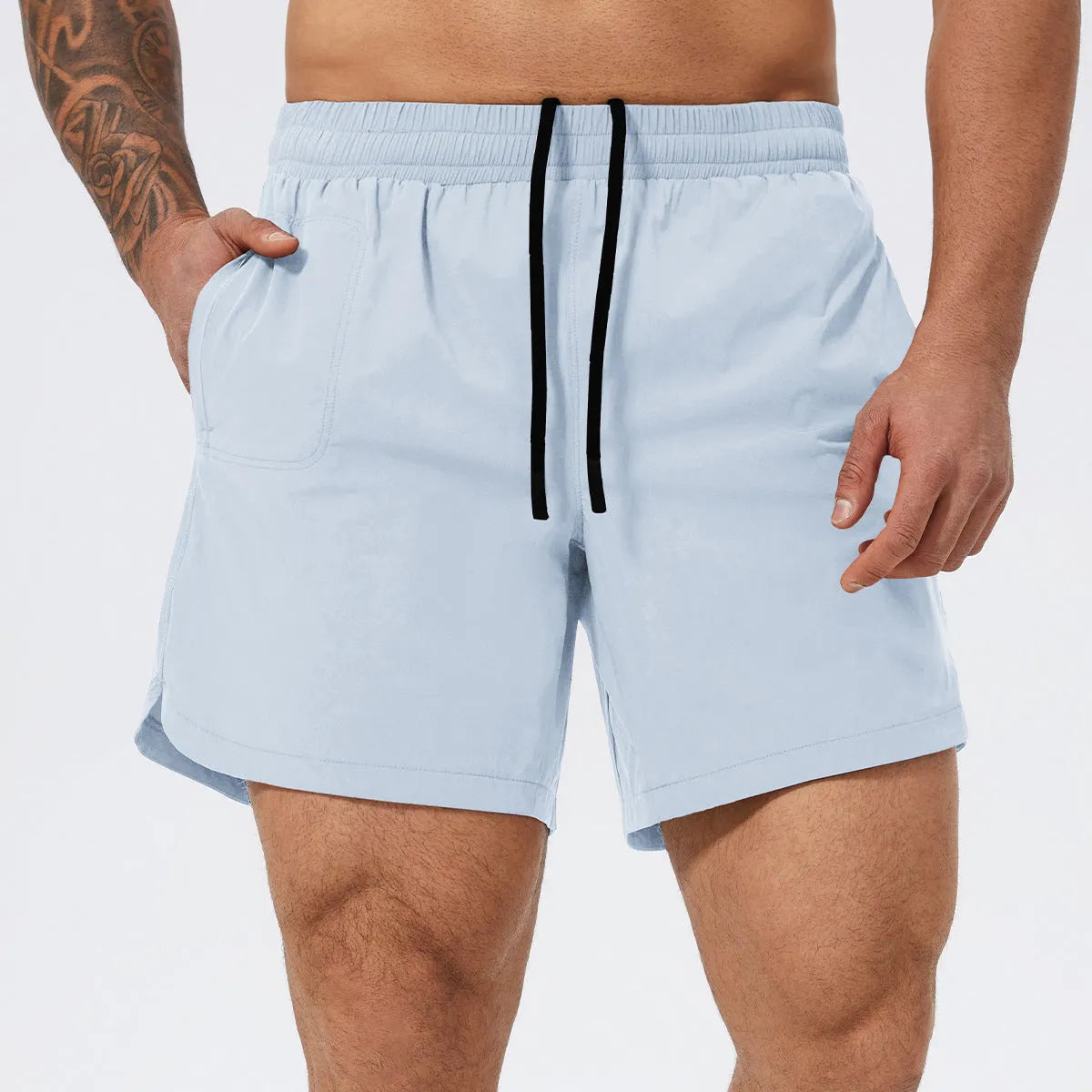 Men's moisture-wicking nylon running basketball tennis shorts in black, mid waist design