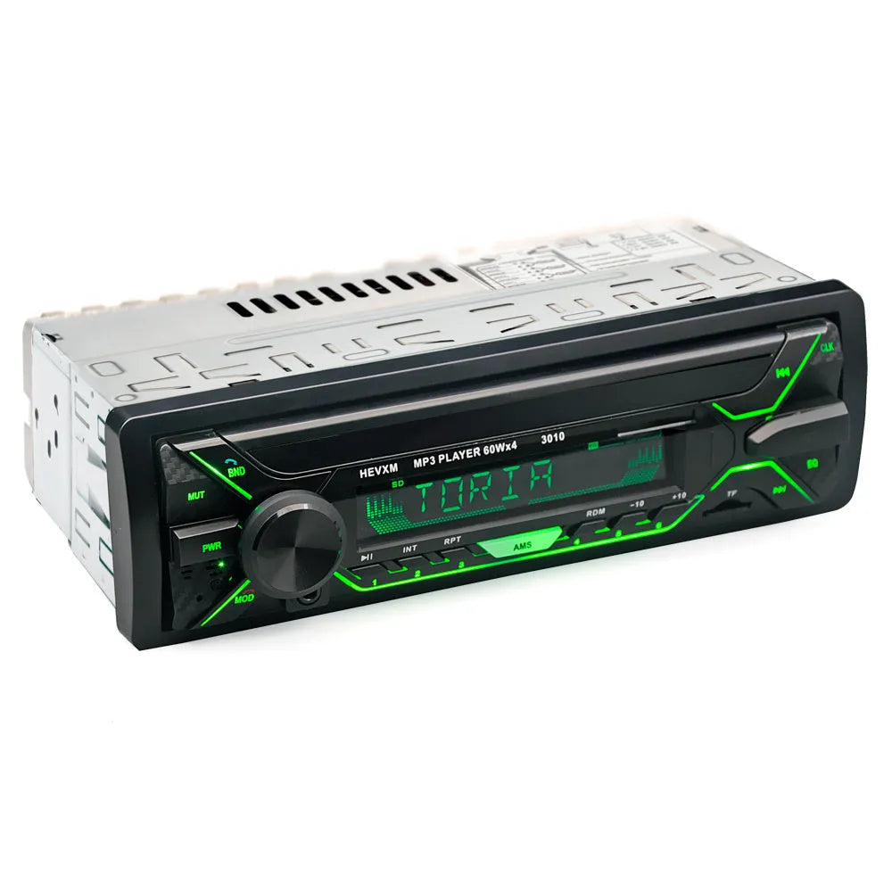 Single-DIN car stereo with LCD display, rotary volume knob, USB port, and buttons for Bluetooth and radio
