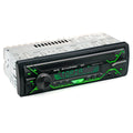 Single-DIN car stereo with LCD display, rotary volume knob, USB port, and buttons for Bluetooth and radio