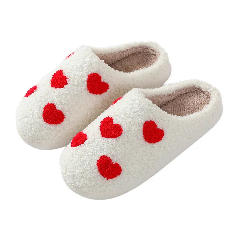 Plush home slippers with non-slip PVC sole in big love colour design for adult female sizes