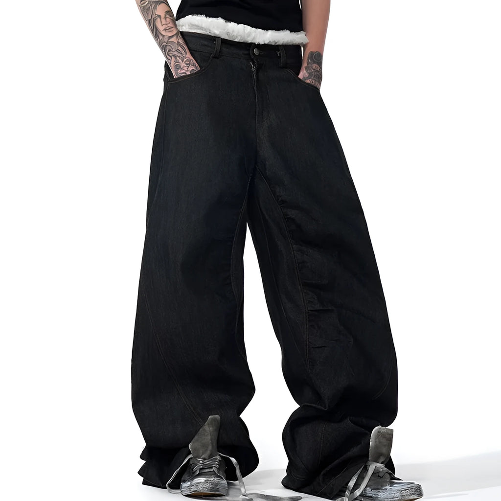 Black temperature-sensitive colour-changing embroidered red ear wide leg jeans in cotton denim