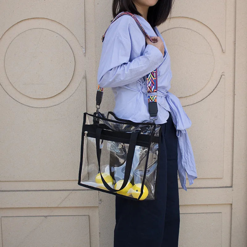 Women's transparent PVC messenger bag with clear front compartment and crossbody straps