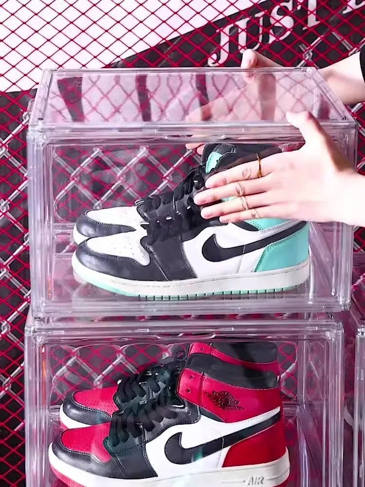 Large transparent acrylic shoe box with magnetic side door and lid, showing shoes inside