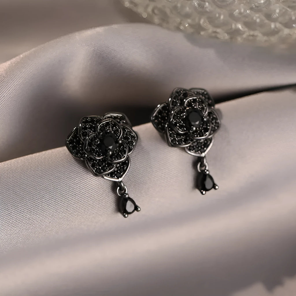 Black rose zircon flower stud earrings for women, 18K gold plated copper jewellery