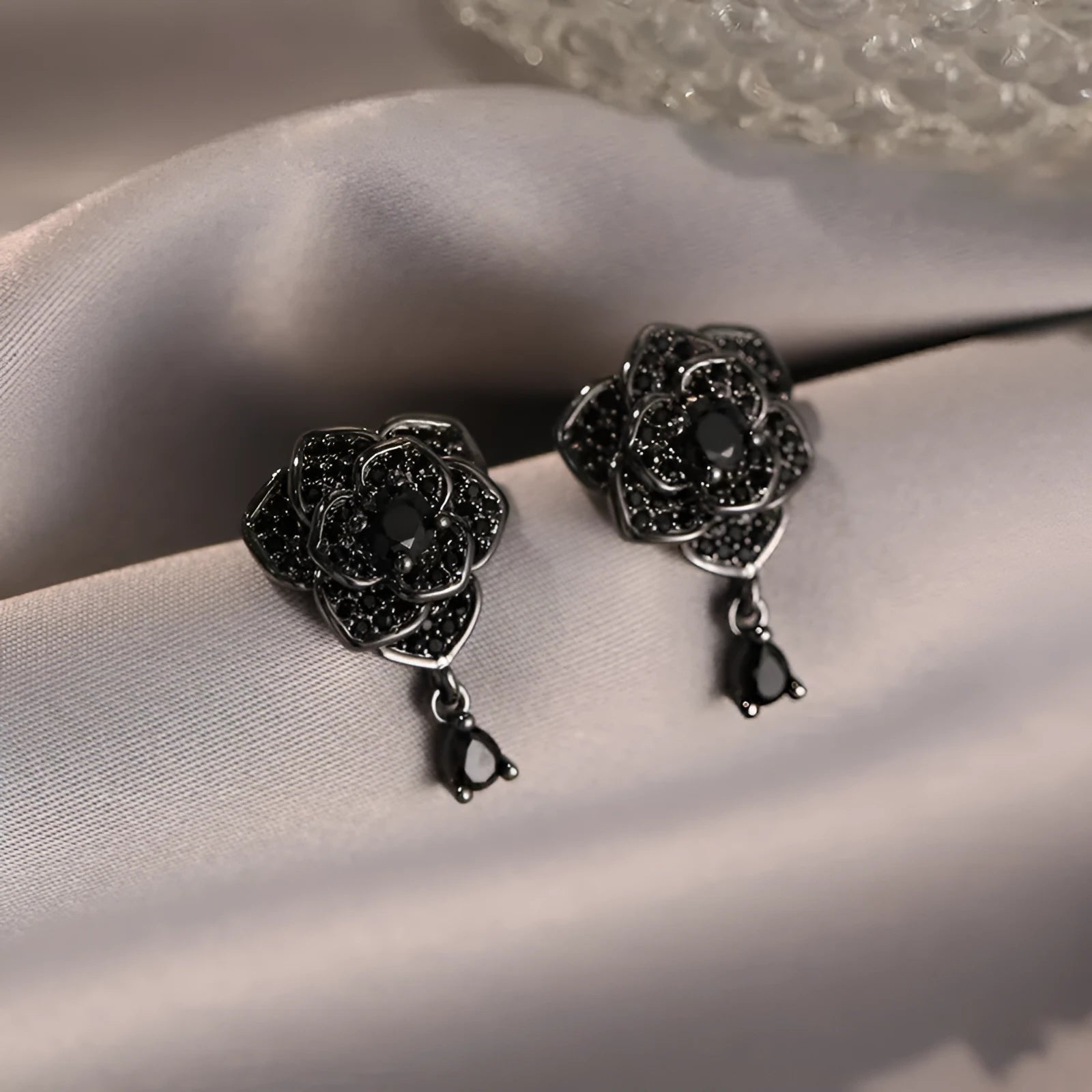 Black rose zircon flower stud earrings for women, 18K gold plated copper jewellery