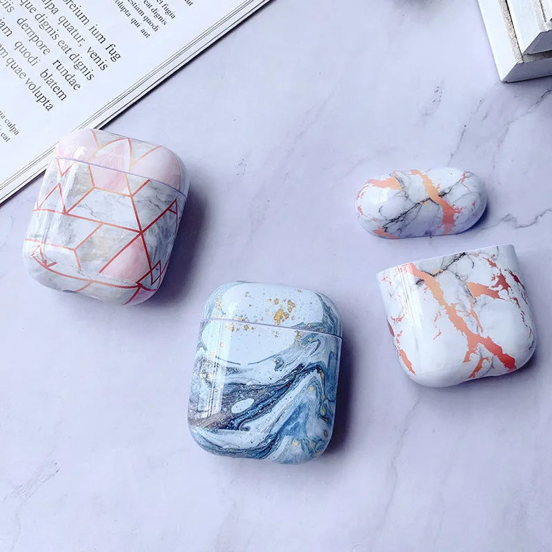 White marble patterned hard PC protective case compatible with Apple Airpods 1 and 2 charging box