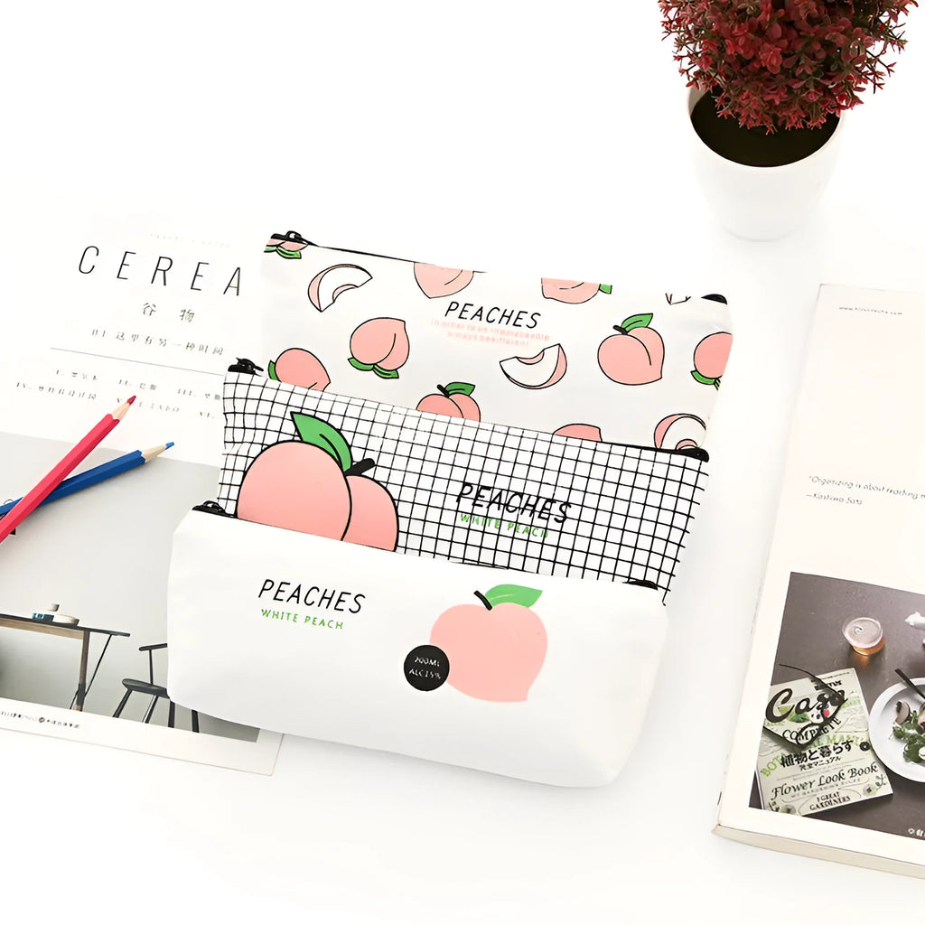 Rectangular canvas pencil case with peach print design, 20 x 8.5 cm, in white peaches colourway