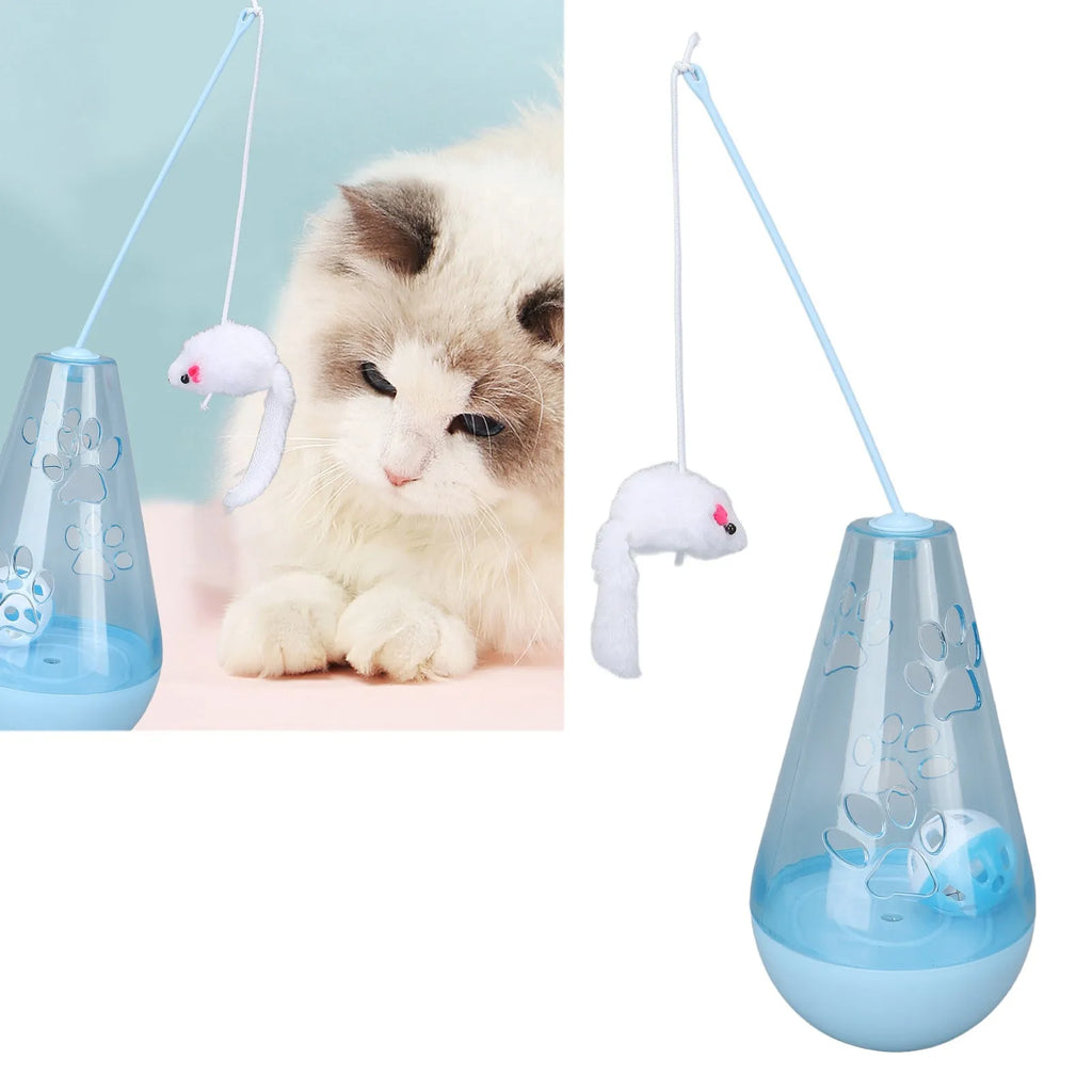 Cat toy with built-in bell ball and plush mouse stick on floor, blue colour, 30cm height