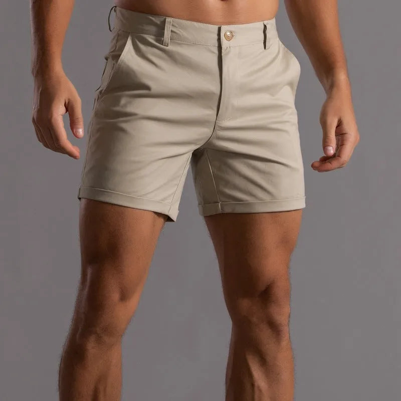 Men's cotton button beach shorts with pockets, straight leg, available in various colours