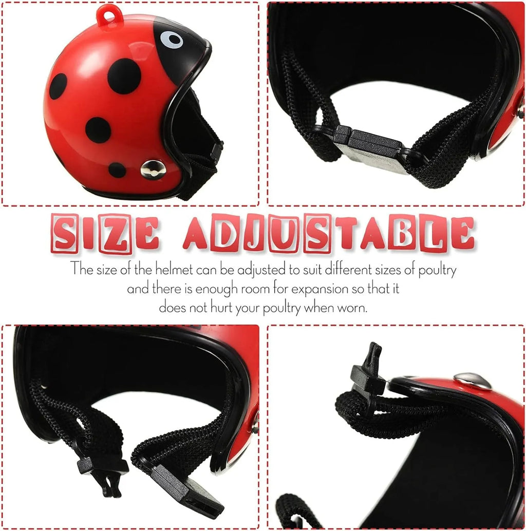 Small hard plastic helmet for a chicken with an elastic band and a soft interior sponge lining.