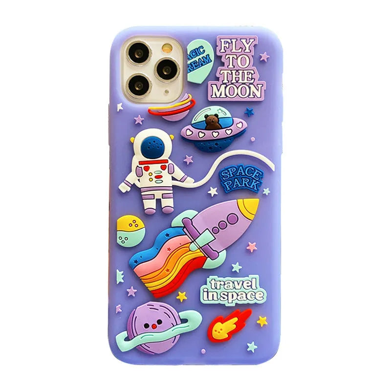 Purple silicone gel mobile phone case with spaceman astronaut cartoon design for iPhone