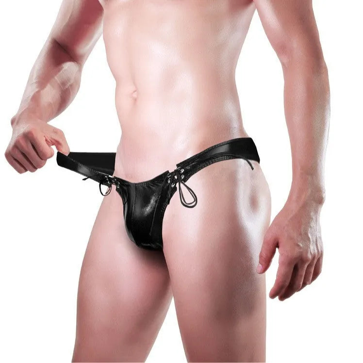Men's black imitation leather string briefs with elasticated waistband laid flat