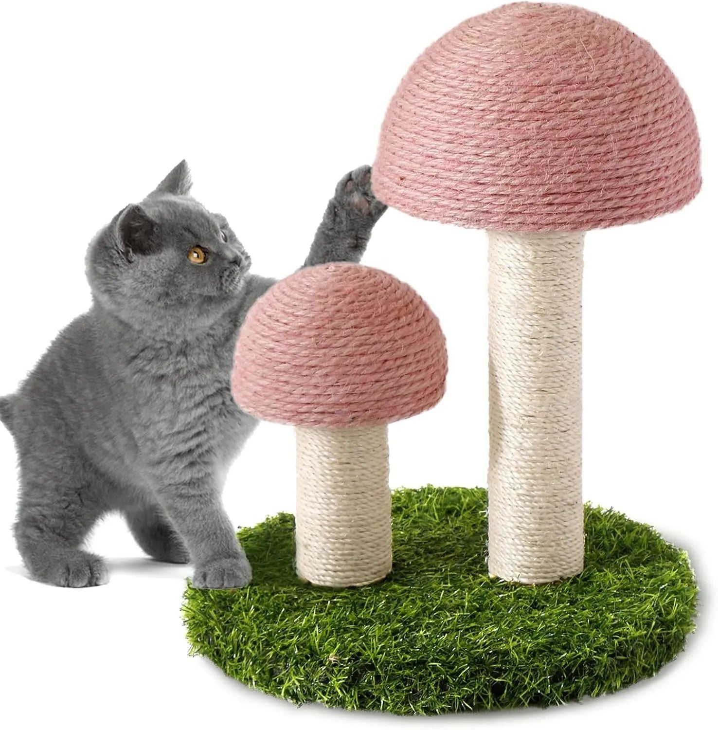 Pink mushroom-shaped cat scratching post with sisal-covered pole for kittens and small cats